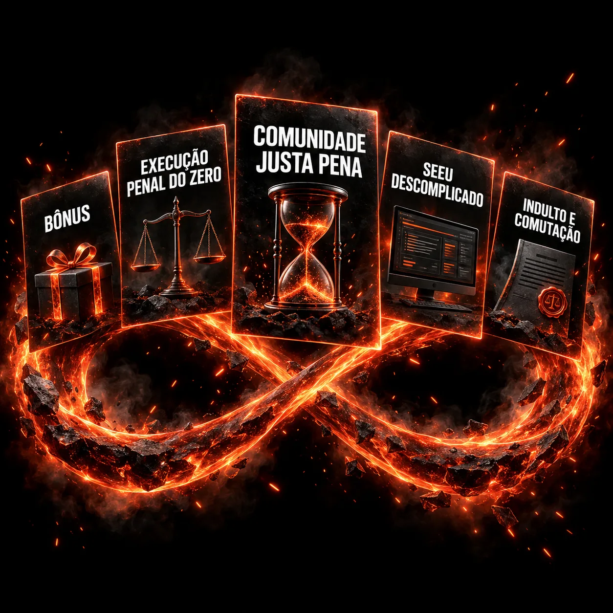 Símbolo do infinito em brasa com as capas da Comunidade Justa Pena, dos cursos e dos bônus